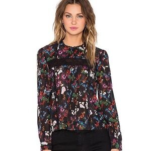 Alice + Olivia Womens Dark Floral Silk Lace Trim Pintuck Blouse Size XS Cottage